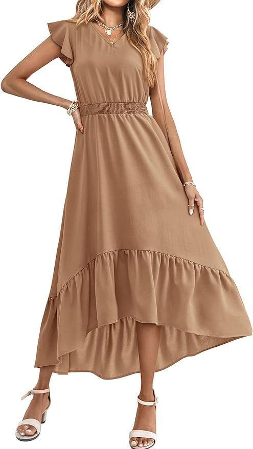 PRETTYGARDEN Women's Summer V Neck Midi Dress Casual Flutter Short Sleeve A Line High Waist Flowy... | Amazon (US)