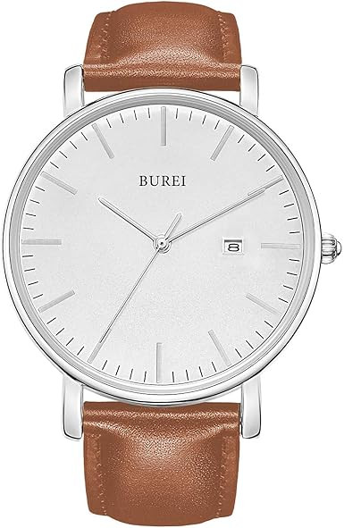 BUREI Men's Fashion Minimalist Wrist Watch Analog Date with Leather Strap | Amazon (US)