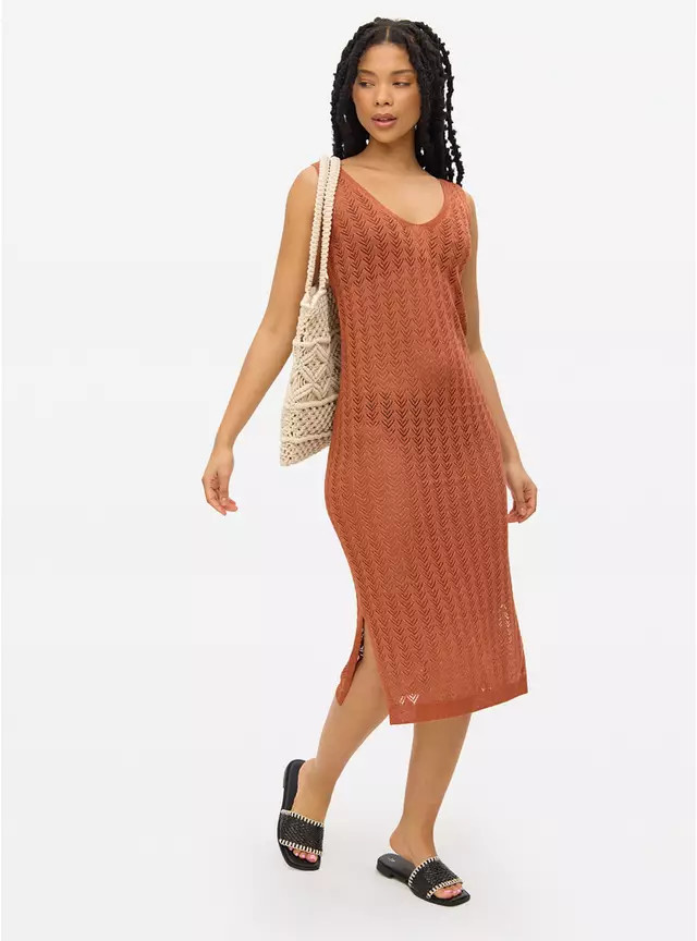 Metallic Bronze Pointelle Sleeveless Midi Dress M | Tu Clothing