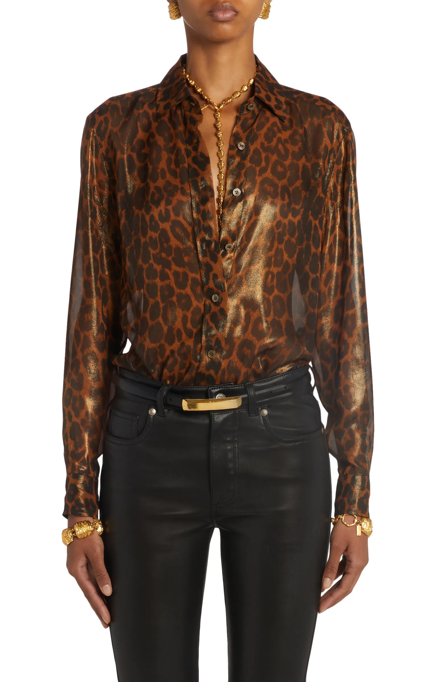 Laminated Leopard Metallic Silk Button-Up Shirt | Nordstrom