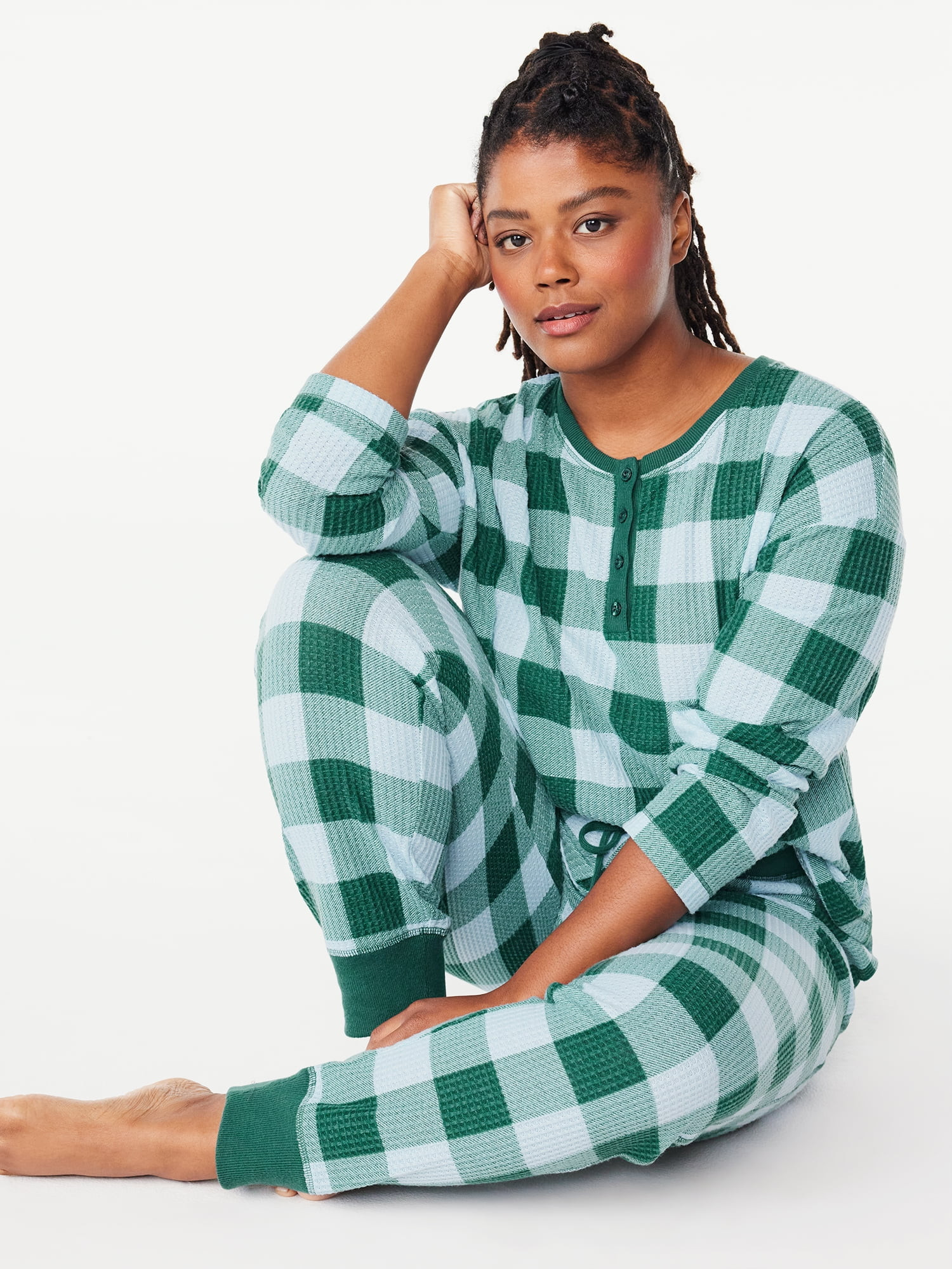 Joyspun Women's Waffle Hacci Knit Henley Top and Joggers Pajama Set, 2-Piece, Sizes S to 3X | Walmart (US)