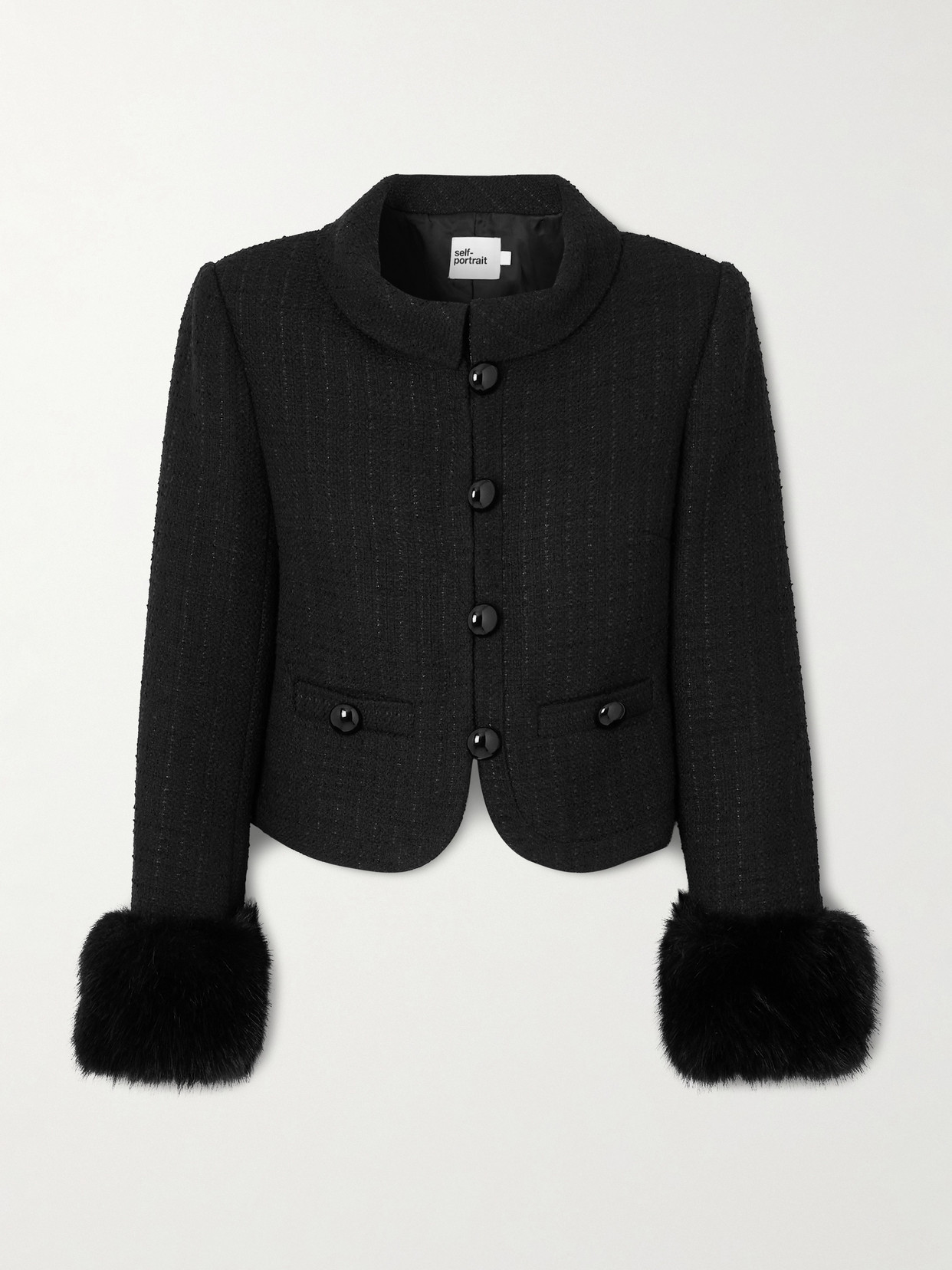 Self-Portrait - Cropped Plush-trimmed Bouclé-tweed Jacket - Black | NET-A-PORTER (US)