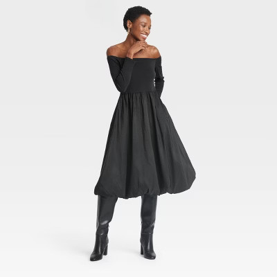 Women's Long Sleeve Midi Empire Waist Dress - A New Day™ Black L | Target