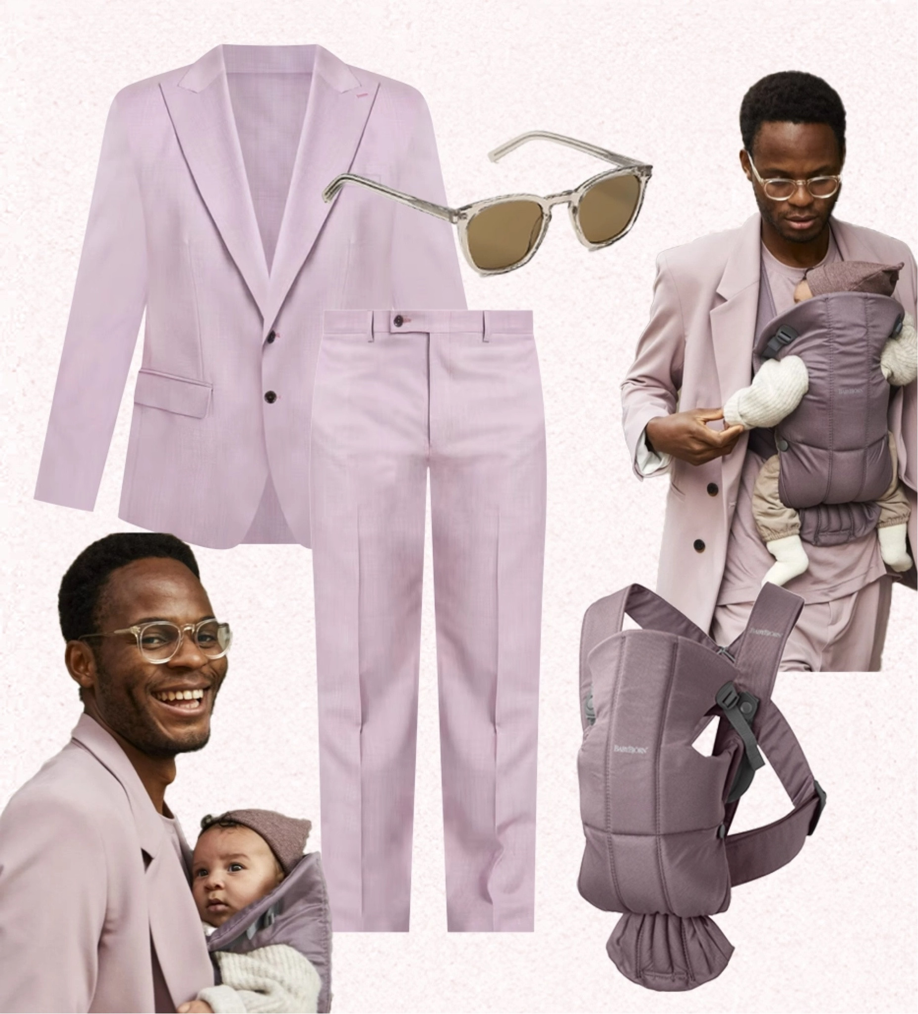 Dad looks stylish and coordinated in a pink mauve suit with a matching mauve baby carrier, turning heads with his chic and cohesive look.

#LTKFamily #LTKMens #LTKBaby