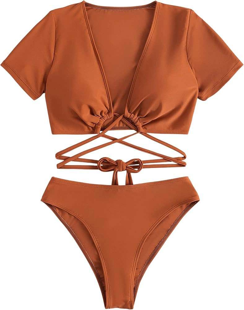 SweatyRocks Women's 2 Piece Swimsuit Lace Up V Neck High Waist Bikini Bathing Suit | Amazon (US)