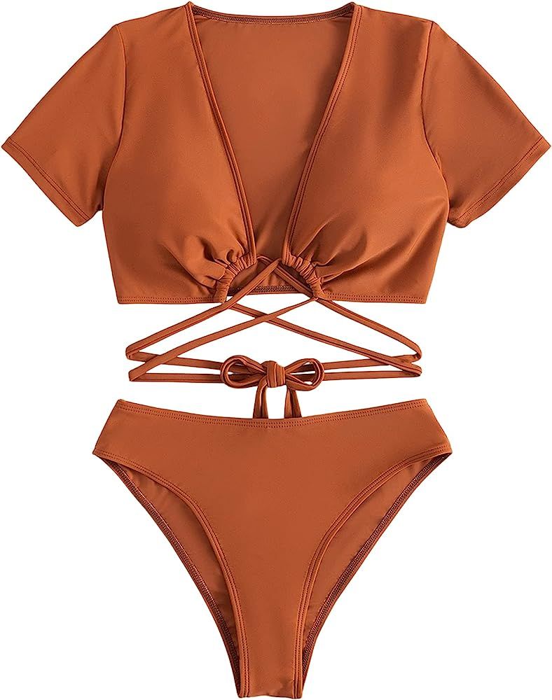 SweatyRocks Women's 2 Piece Swimsuit Lace Up V Neck High Waist Bikini Bathing Suit | Amazon (US)
