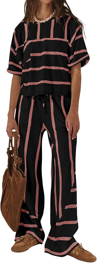 Womens Striped Lounge Set Rolled Short Sleeve Tops and Wide Leg Pants Oversized Vacation Travel S... | Amazon (US)
