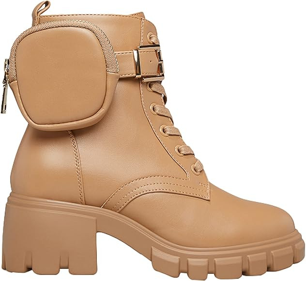 JustFab Tanzi Lug Sole Booties for Women - Chunky Heeled Combat Boots, Faux Leather Platform Boot... | Amazon (US)