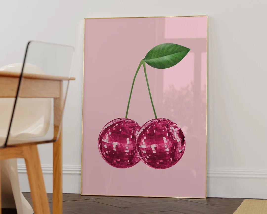Disco Ball Cherries Print, Trendy Wall Art, Digital Download Print, Preppy Wall Decor, Pink Poste... | Etsy (US)