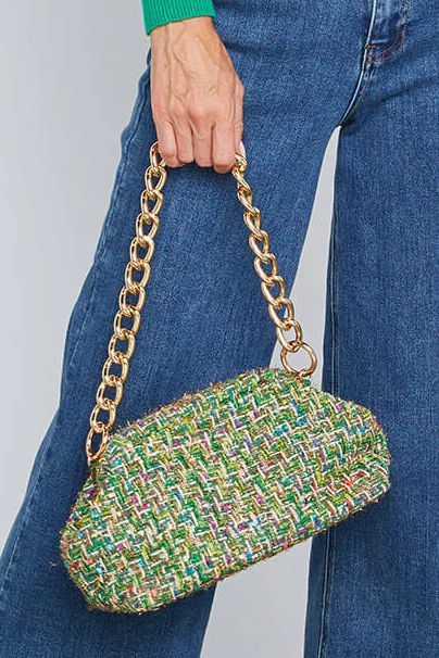 Tweed Multi Dumpling Clutch/Bag + Green Large Bead Strap | Social Threads