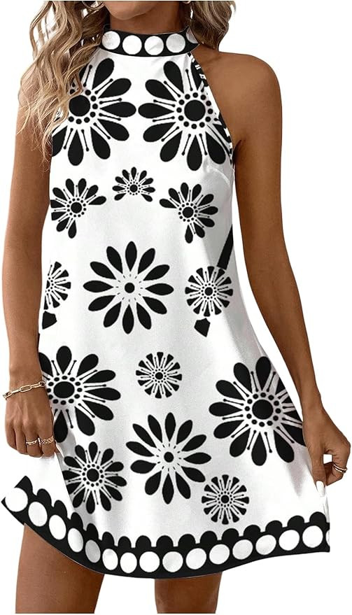 Floerns Women's Sleeveless Floral Print Sundress Halter Neck A Line Short Dress | Amazon (US)