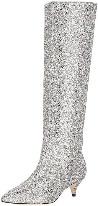 XYD Women Chic Pointy Toe Glitter Knee High Boots Kitten Low Heel Pull On Sequins Sparkly Booties... | Amazon (US)