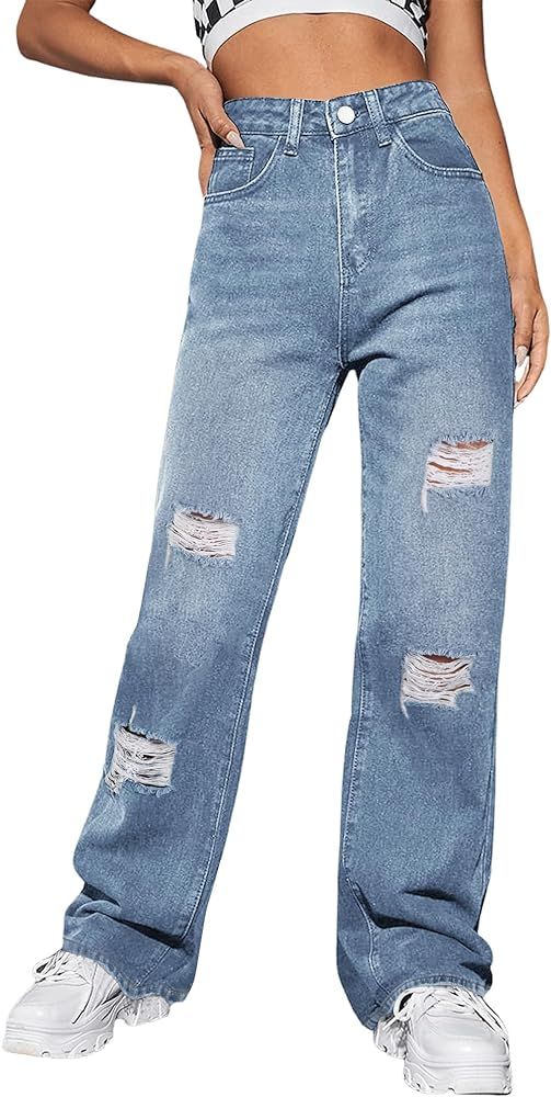 Genleck Women Loose Ripped Boyfriends Jeans High Waist Baggy Denim Pants Distressed Wide Leg Jean... | Amazon (US)
