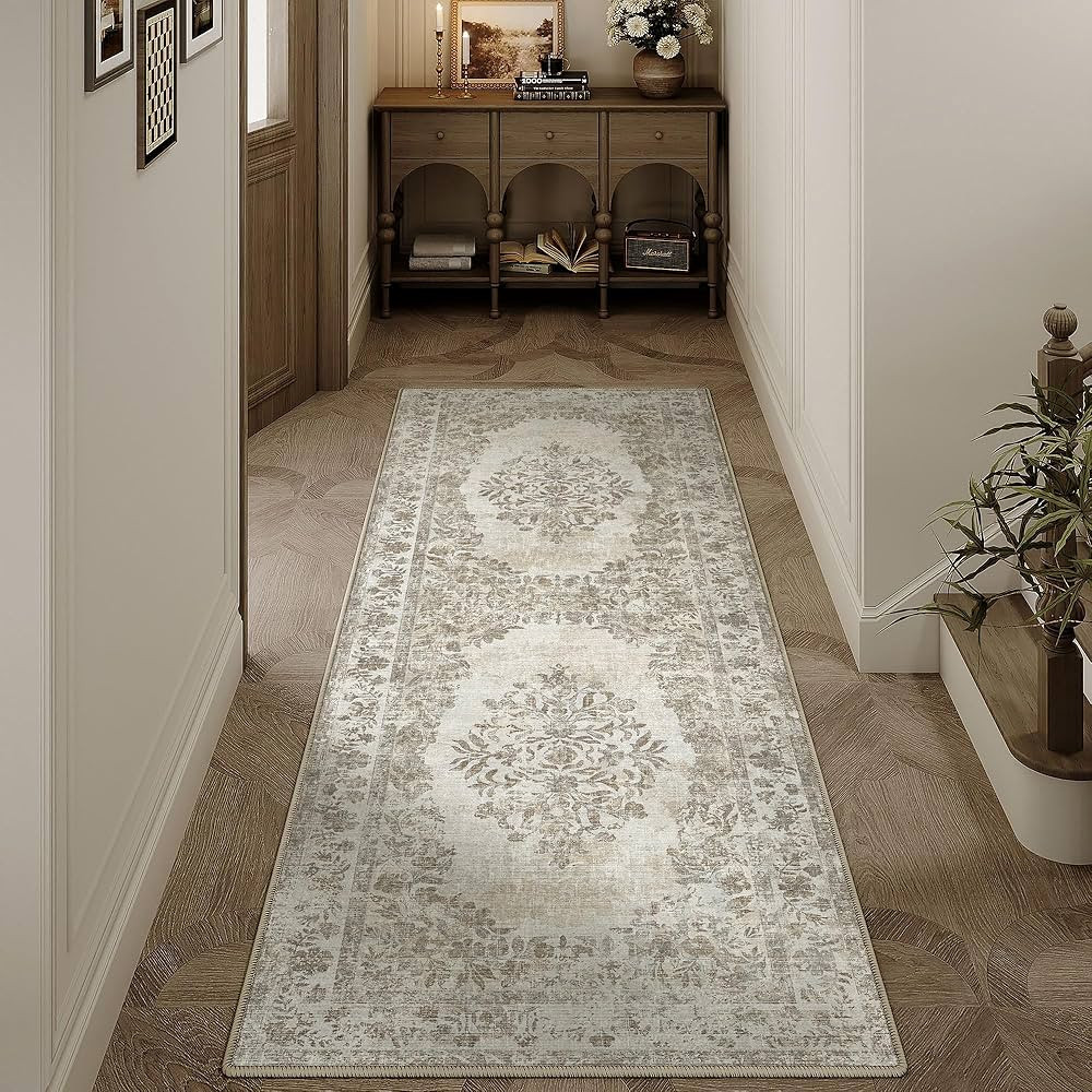 2x6 Runner Rug Beige Washable Hallway Kitchen Bedroom Vintage Distressed Bathroom Non Slip Medall... | Amazon (US)
