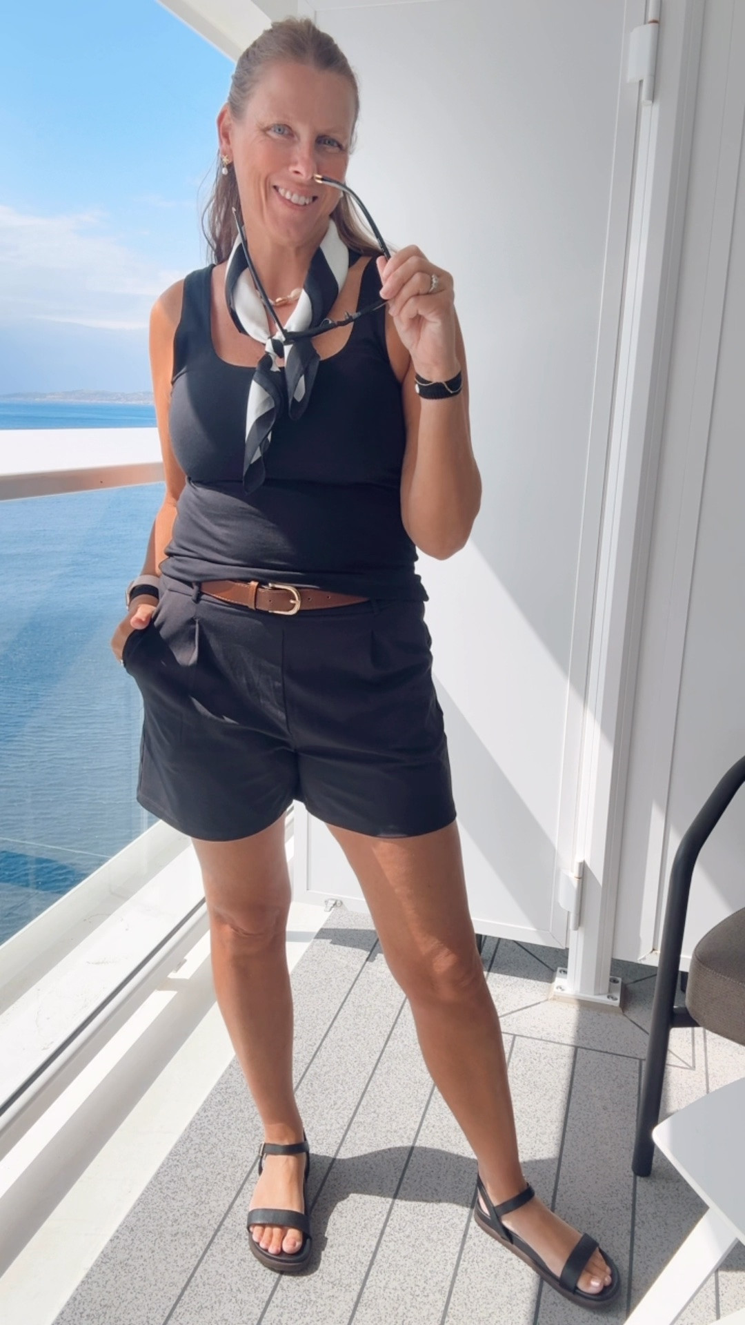 European summer vibes 

Cruise outfit, black tailored shorts, neck scarf, European outfit , style over 40, vacation outfit

#LTKtravel #LTKsummer #LTKsale