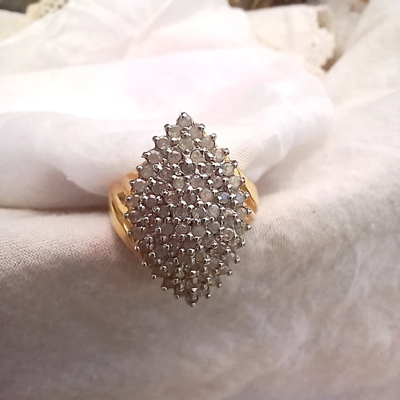 Diamond cocktail ring size 6 3/4 US fancy vintage jewelry yellow gold plated with pave stones bea... | Etsy (US)