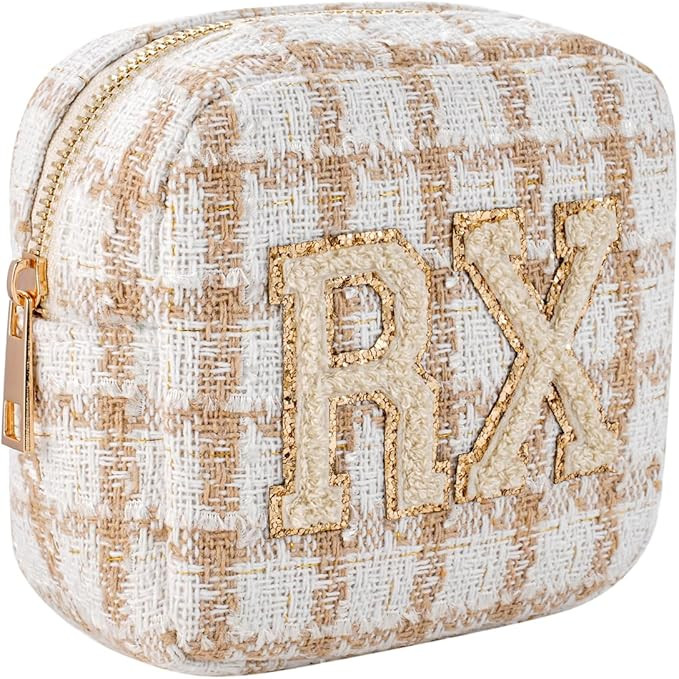 Small Medicine Bag for Travel, Personalized RX Chenille Letters Checkered Pouch for Women and Gir... | Amazon (US)