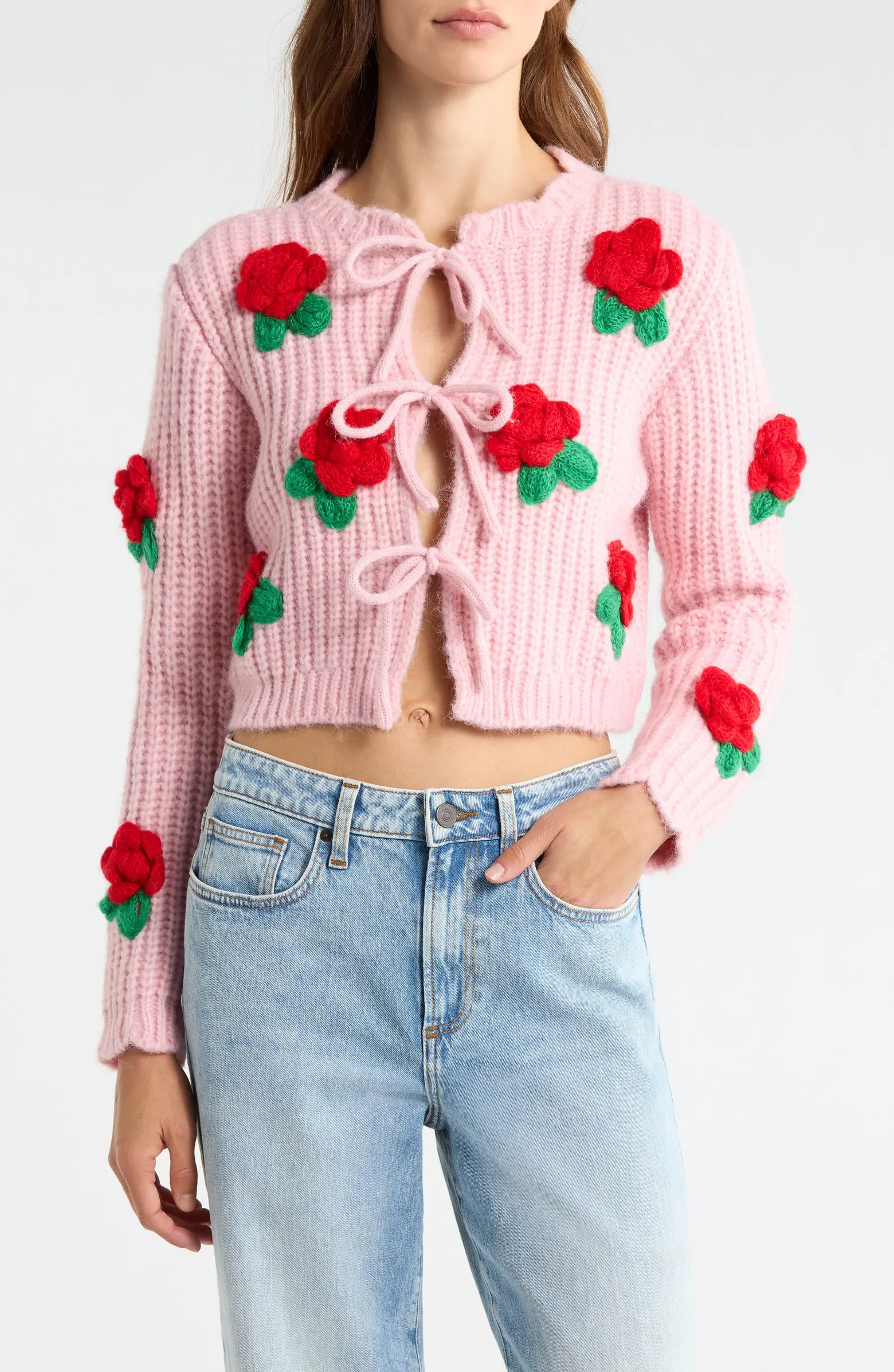 3D Flower Chunky Tie Front Cardigan | Nordstrom