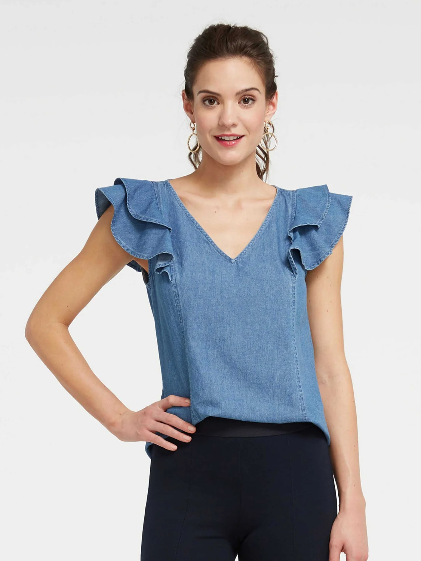 Chambray Ruffle Top | Draper James