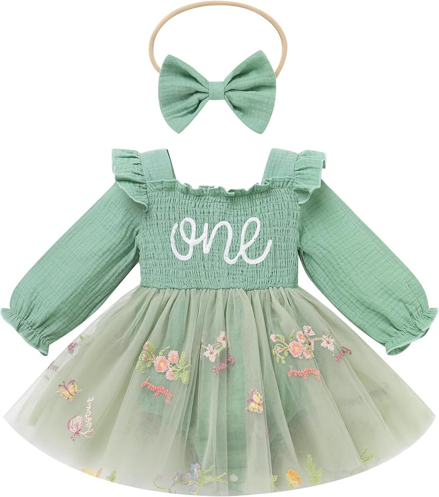 ODASDO Baby Girls First Birthday Outfit Sqaure Neck Ruffle Long Sleeve Tulle Tutu Romper Dress wi... | Amazon (US)
