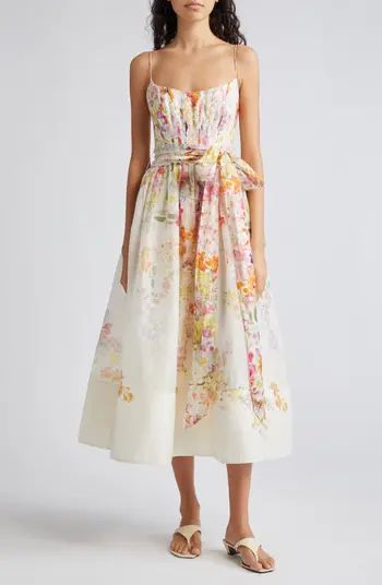 Natura Floral Linen & Silk Organza Corset Midi Dress | Nordstrom