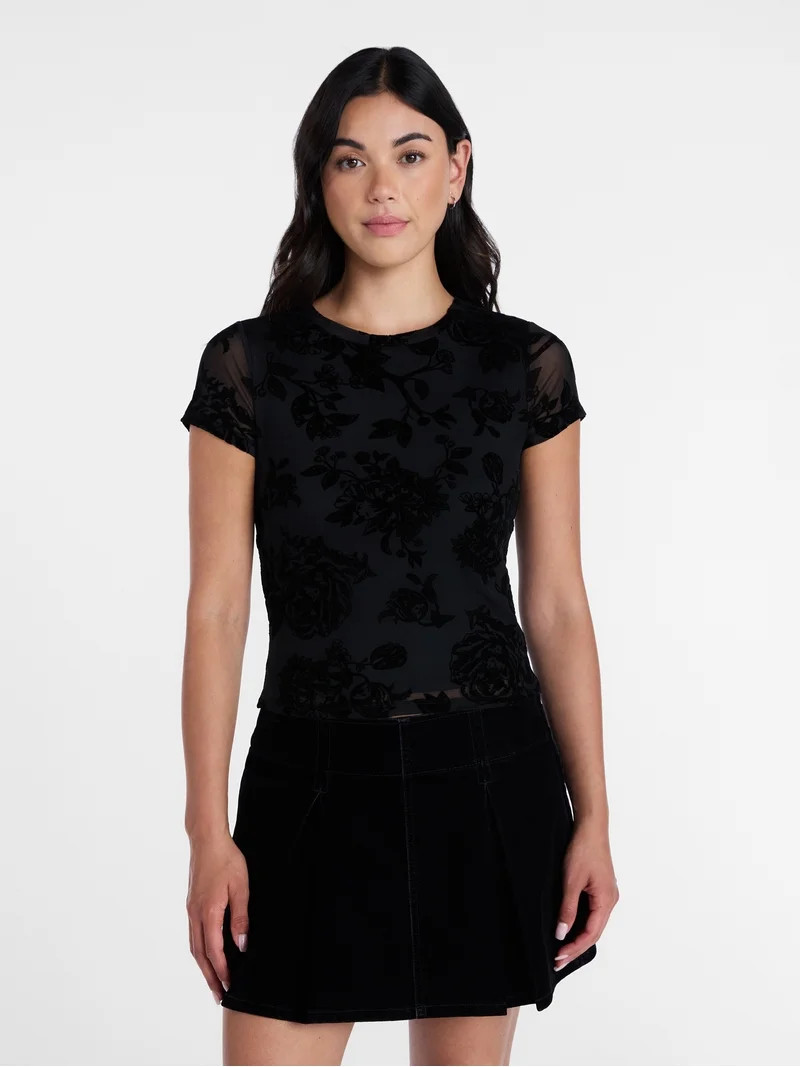 Madden NYC Women\u2019s Flocked Floral Mesh Crewneck Tee with Short Sleeves, Sizes XXS-XXL | Walmart (US)