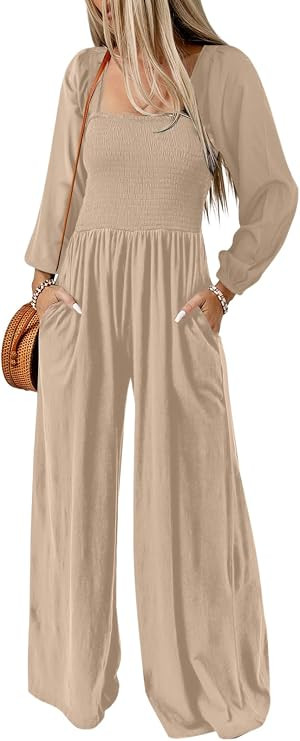 Dokotoo Women's Jumpsuits One Piece Long Sleeve Wide Leg Long Pant Rompers | Long Sleeve, Square ... | Amazon (US)