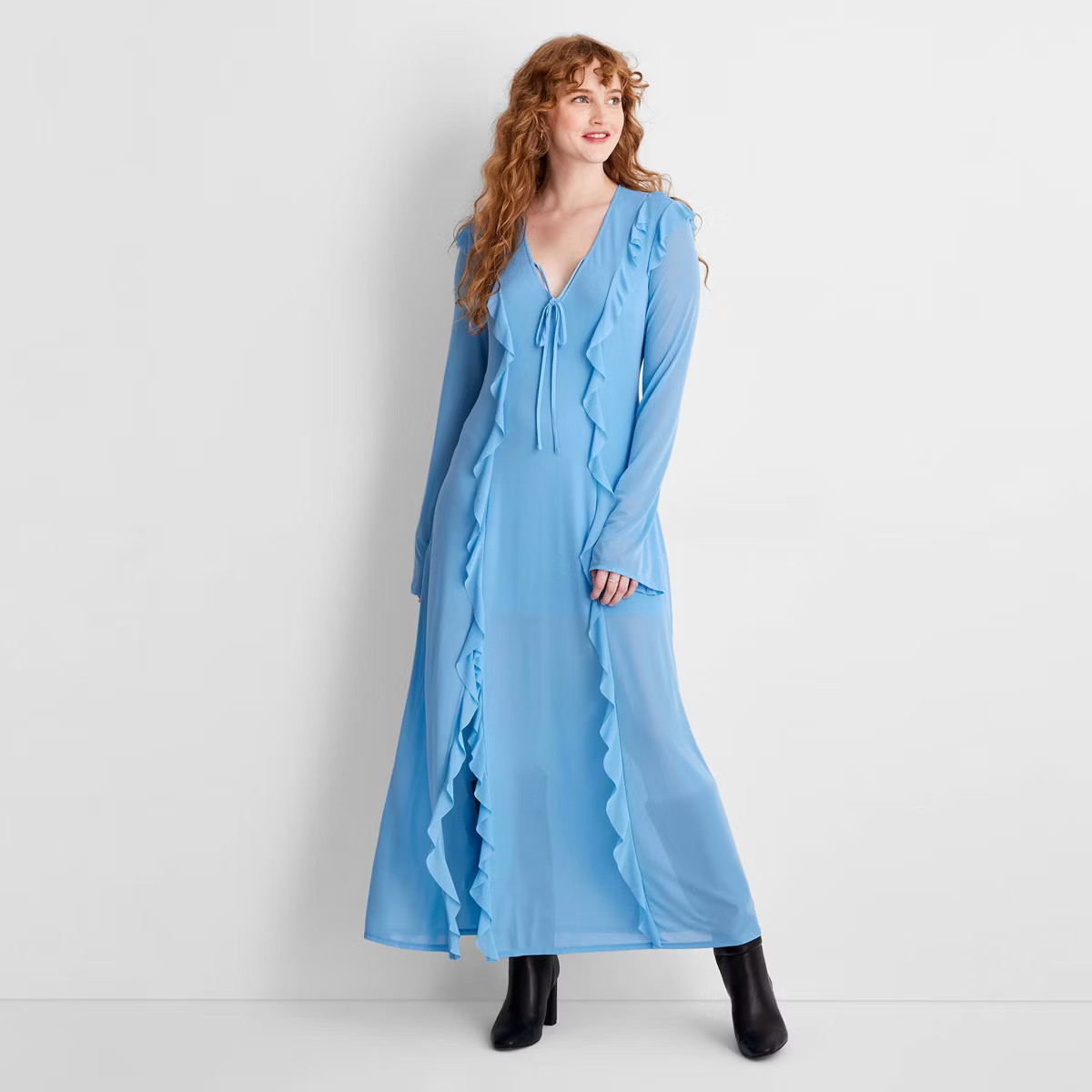 Women's Long Sleeve Ruffle Maxi Dress - Future Collective Light Blue XXS | Target