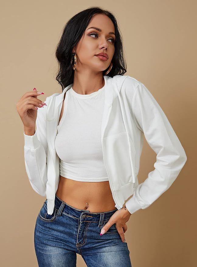 Women's Zip Up Hoodies Cropped Cardigan Jacket Drawstring Hooded Sweatshirts Casual Long Sleeve T... | Amazon (US)