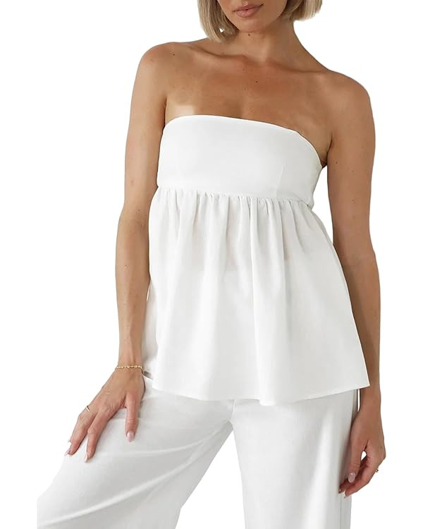 Womens’s Ruffle Hem Bandeau Tube Tops Casual Sleeveless Strapless Peplum Flowy Blouse Shirts Su... | Amazon (US)