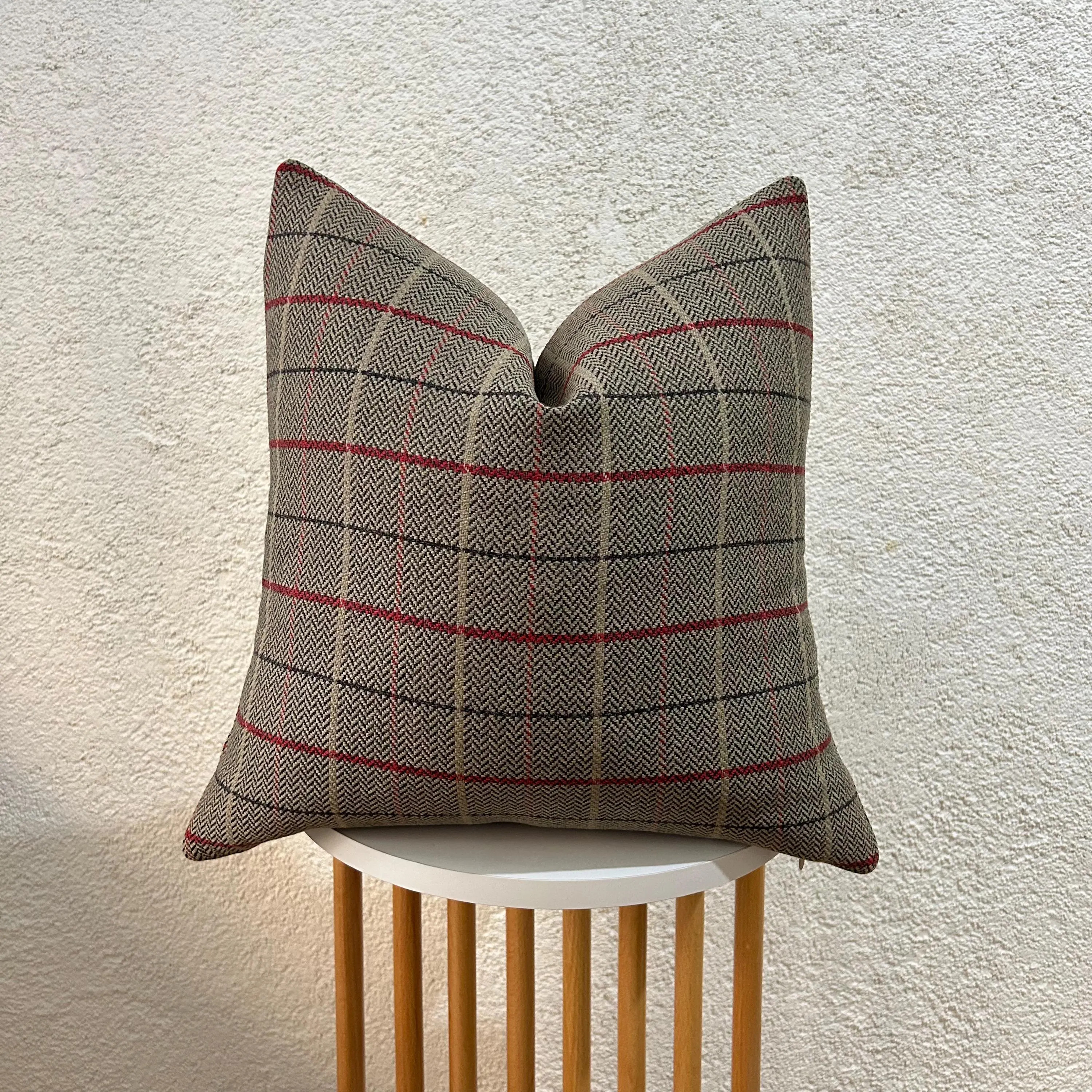 Taupe Plaid Pillow Cover, Rustic Farmhouse Decor, Red Checkered Cushion, Herringbone Accent Pillow | Etsy (Global)