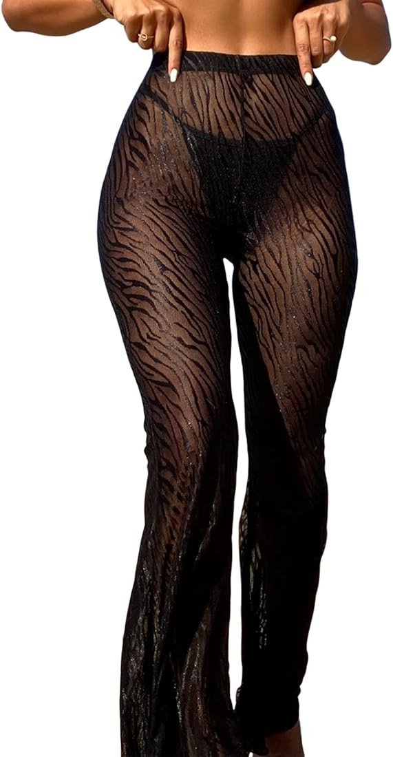 SHENHE Women's Solid Sheer See Through High Waist Wide Leg Cover Up Pants Bathing Suit | Amazon (US)