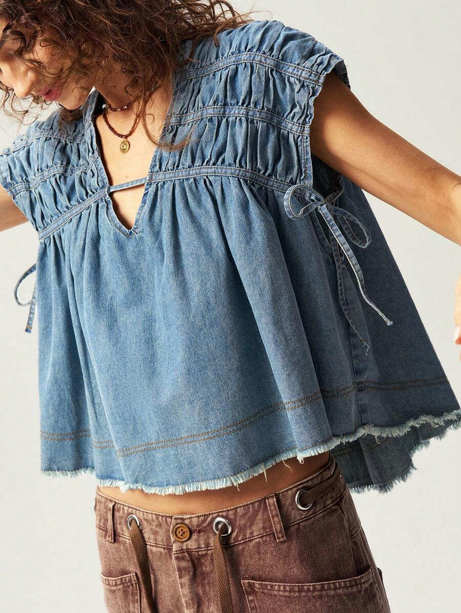 Bohemela BOHO Casual Woven Denim Oversized V-Neck Cap Sleeve Blouse For Women | SHEIN