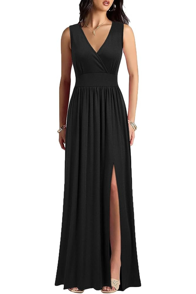 Women Sleeveless Deep V Neck Split Loose Sexy Plain Long Maxi Casual Dress | Amazon (US)