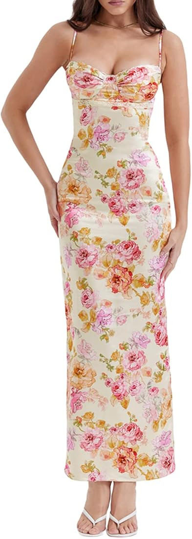 Women's Summer Spaghetti Strap Floral Maxi Dress Y2K Sexy Backless Split Long Dresses Low Cut Bod... | Amazon (US)
