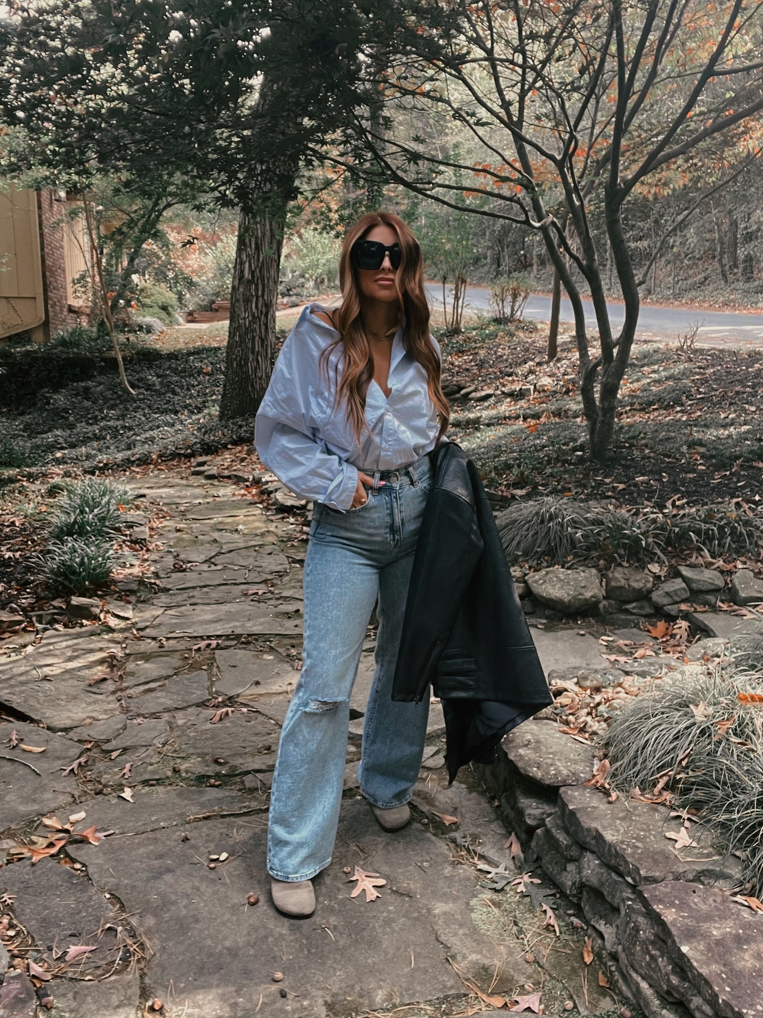 Denim, striped oxford button down, boston birkenstock, faux leather jacket, oversized sunglasses  

#LTKSeasonal #LTKshoecrush #LTKstyletip