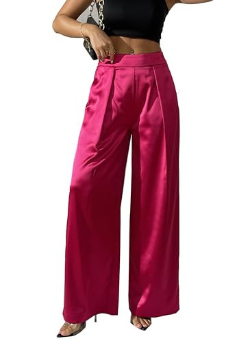 Women's Satin Wide Leg Palazzo Pants Plicated Silky Pull on Party Dress Casual Pant Trouser Red Pink | Amazon (US)