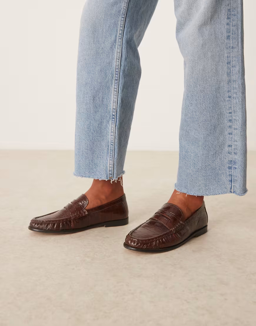 ASOS DESIGN Mayfair premium ruched loafers in chocolate croc emboss leather-Brown | ASOS (Global)