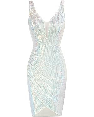 GRACE KARIN Women Deep V Neck Party Mini Dress U Back Sequin Irregular Hem Evening Dress | Amazon (US)