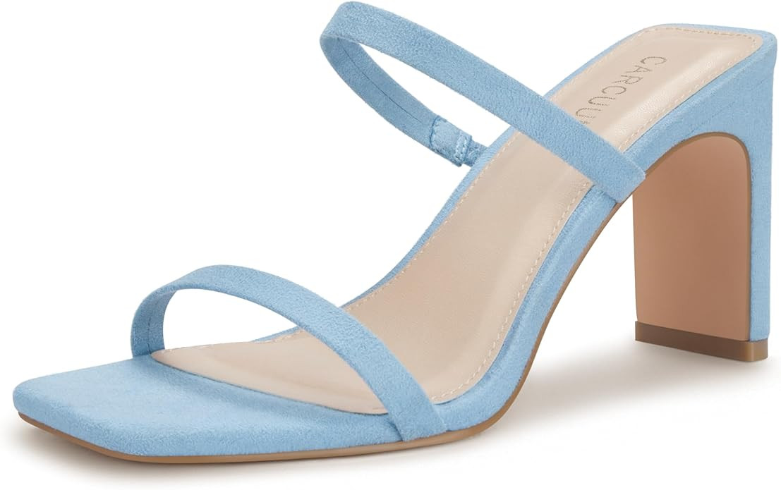 Carcuume Women's Square Toe Two Strap Open Toe Block Heels Sandals Slip On Shoes | Amazon (US)