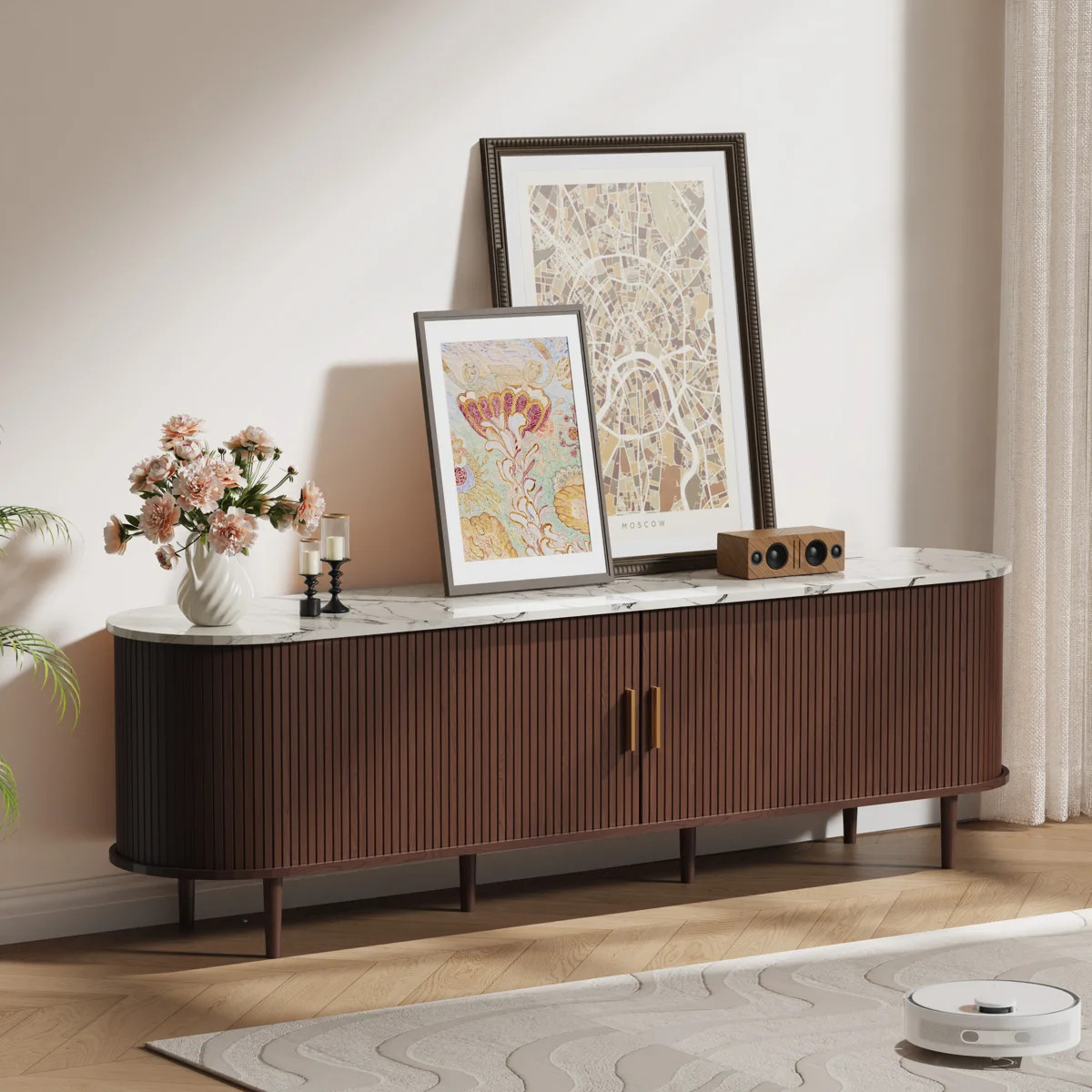 Fluted TV Stand With Power Outlet and Adjustable Shelves, Mid Century Modern TV Console, Sliding ... | Wayfair North America
