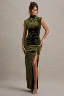 Abilene | Olive Velvet High-Neck Split Maxi Dress | Club L London