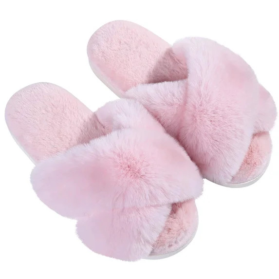 Comwarm Women's Fuzzy Slippers Open Toe Cross Band Slippers Memory Foam House Slippers for Women,... | Walmart (US)