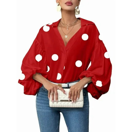 Women'S French Polka Dot Half-Open Collar Loose Bubble Long Sleeve Top Red Polka Dots L | Walmart (US)