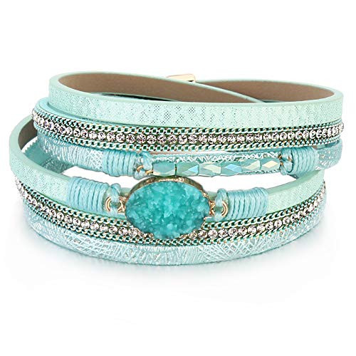 Leather Wrap Bracelet Boho Cuff Bracelets Crystal Bead Bracelet with Clasp Jewelry Gifts for Women(14.7", Teal) | Amazon (CA)