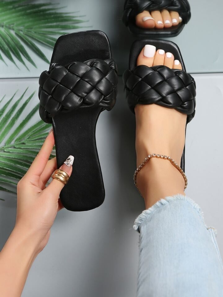 Women Braided Design Single Band Open Toe Slide Sandals, Vacation Black Solid Minimalist Outdoor ... | SHEIN