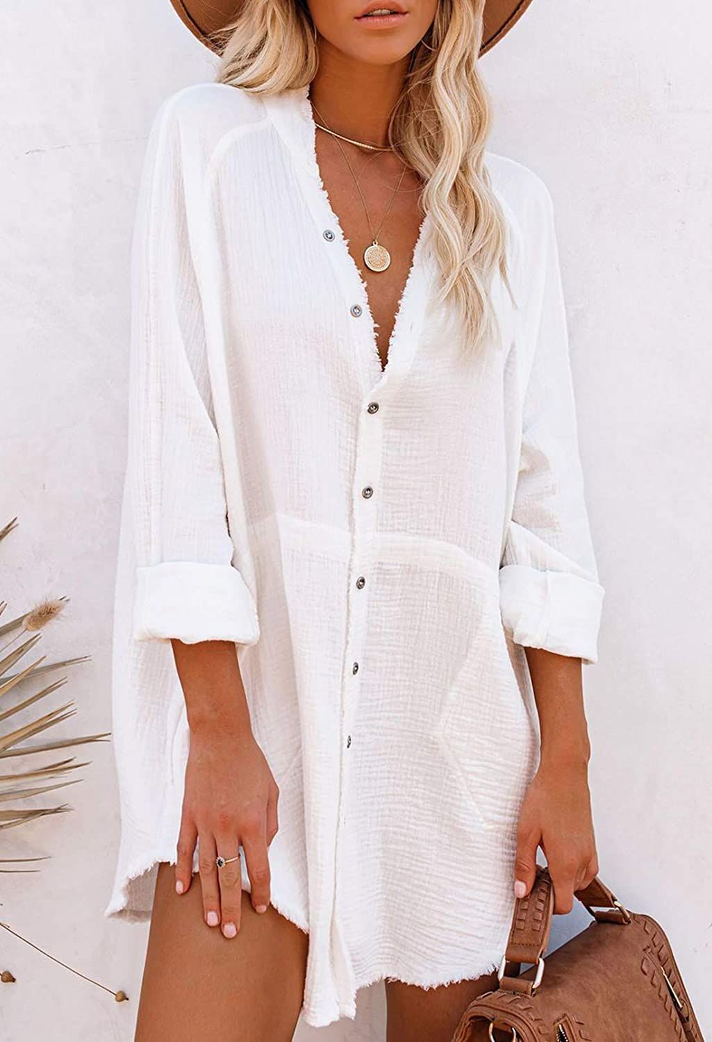 HAPCOPE Women's Button Down Shirt Dress Casual Loose Long Sleeve Swimwear Cover Up | Amazon (US)