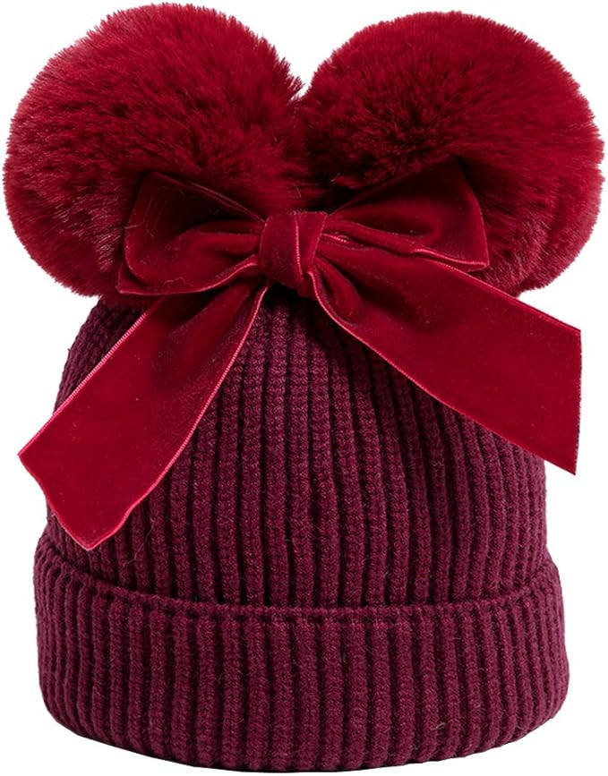 YATEEN Infant Toddler Baby Knitting Woolen Hat Winter Warm Double Pompom Beanie Cap with Bow | Amazon (US)
