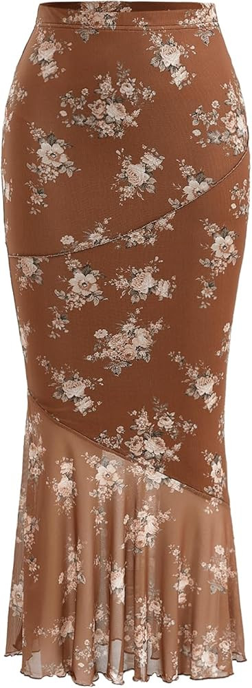 Milumia Women's Floral Mesh Ruffle Hem Maxi Skirt High Waisted Fishtail Long Skirts | Amazon (US)