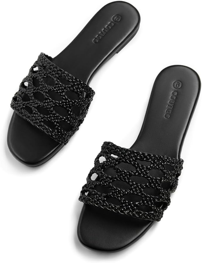 Womens Flat Sandals Braided Open Square Toe Slip On Slide Sandals Dressy Beach Vacation Shoes | Amazon (US)